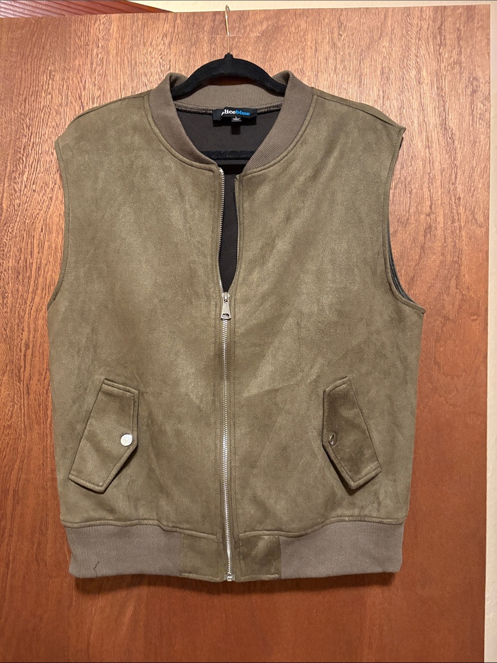 Alice Blue Olive Faux Suede Sleeveless Bomber Vest